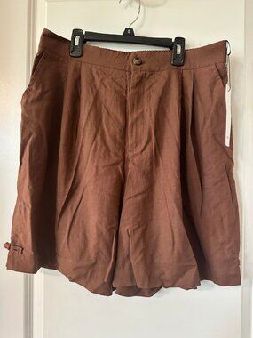 KINGHUA Womens Brown Pleated Linen Blend Shorts XL New With Tags